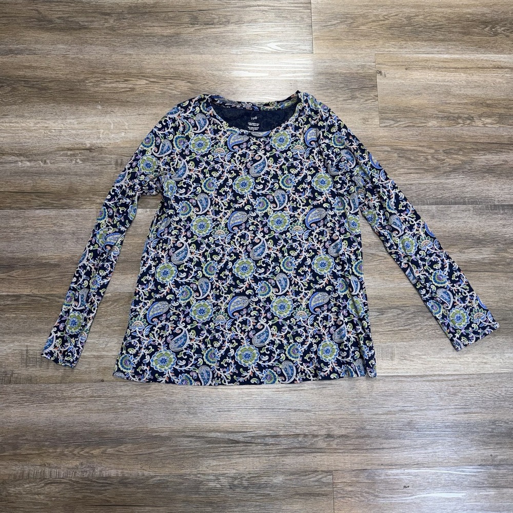 J. Jill Long-Sleeve Pima Crew-Neck Tee Womens M All-Over Paisley Floral Pattern